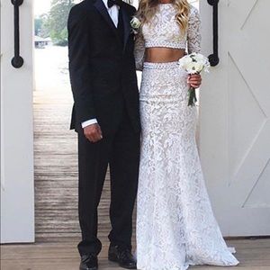 Two piece white lace prom dress